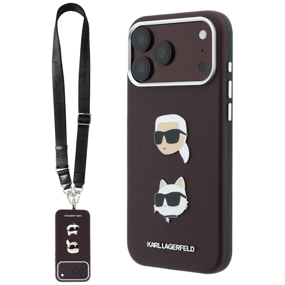 Suojakuori Apple iPhone 18 Pro / 17 Pro -puhelimelle, Karl Lagerfeld, Saffiano Crossbody Karl & Choupette Head's Pins -logo, viininpunainen