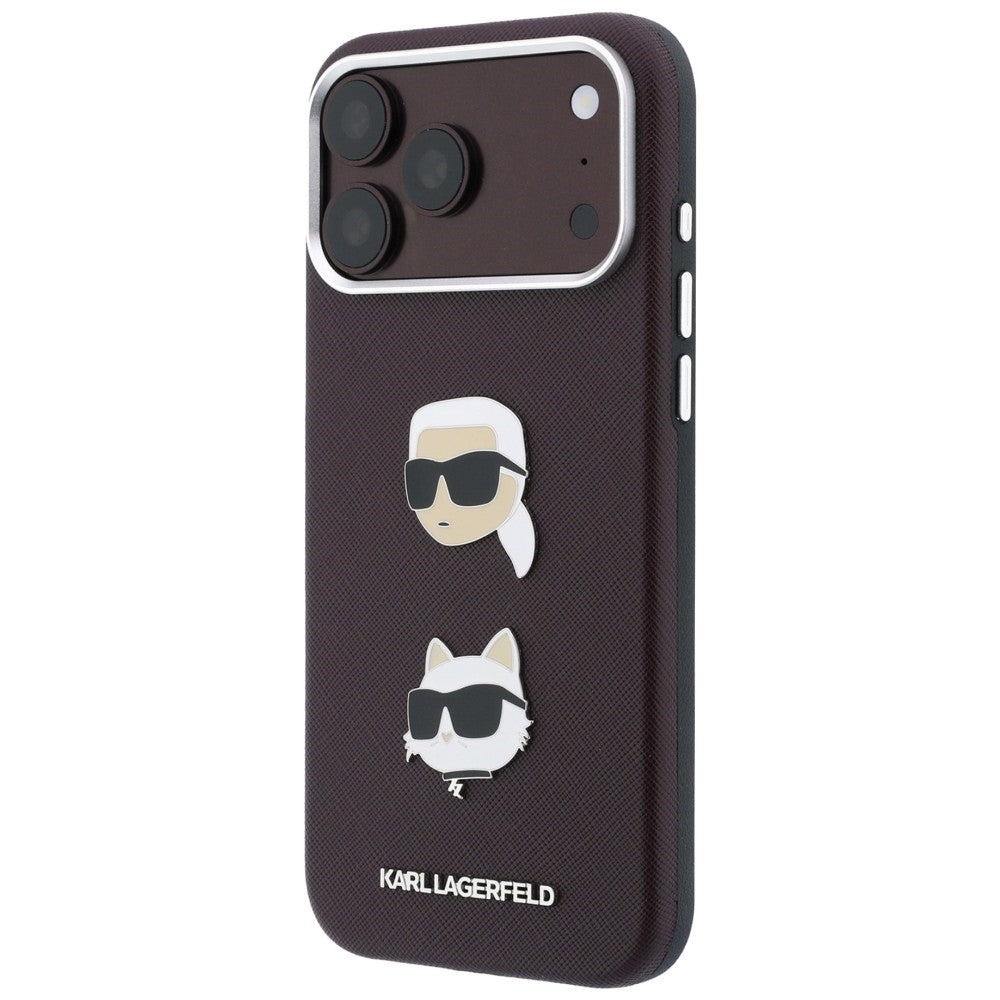 Suojakuori Apple iPhone 18 Pro / 17 Pro -puhelimelle, Karl Lagerfeld, Saffiano Crossbody Karl & Choupette Head's Pins -logo, viininpunainen