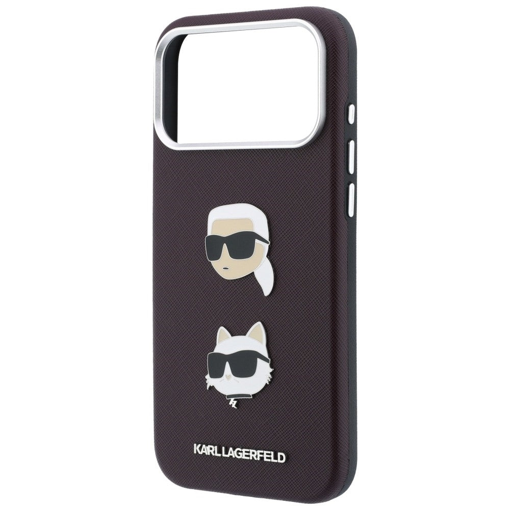 Suojakuori Apple iPhone 18 Pro / 17 Pro -puhelimelle, Karl Lagerfeld, Saffiano Crossbody Karl & Choupette Head's Pins -logo, viininpunainen