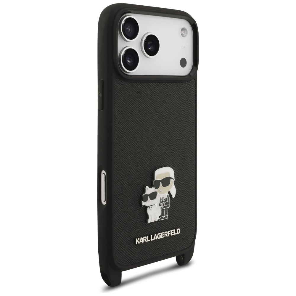Suojakuori Apple iPhone 18 Pro / 17 Pro -puhelimelle, Karl Lagerfeld, Saffiano Crossbody Metal Pin Karl & Choupette, musta