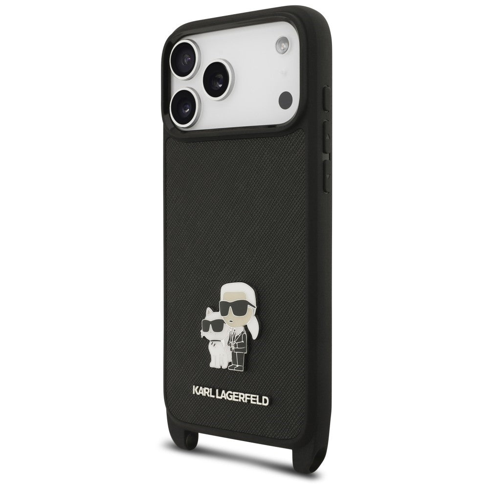 Suojakuori Apple iPhone 18 Pro / 17 Pro -puhelimelle, Karl Lagerfeld, Saffiano Crossbody Metal Pin Karl & Choupette, musta