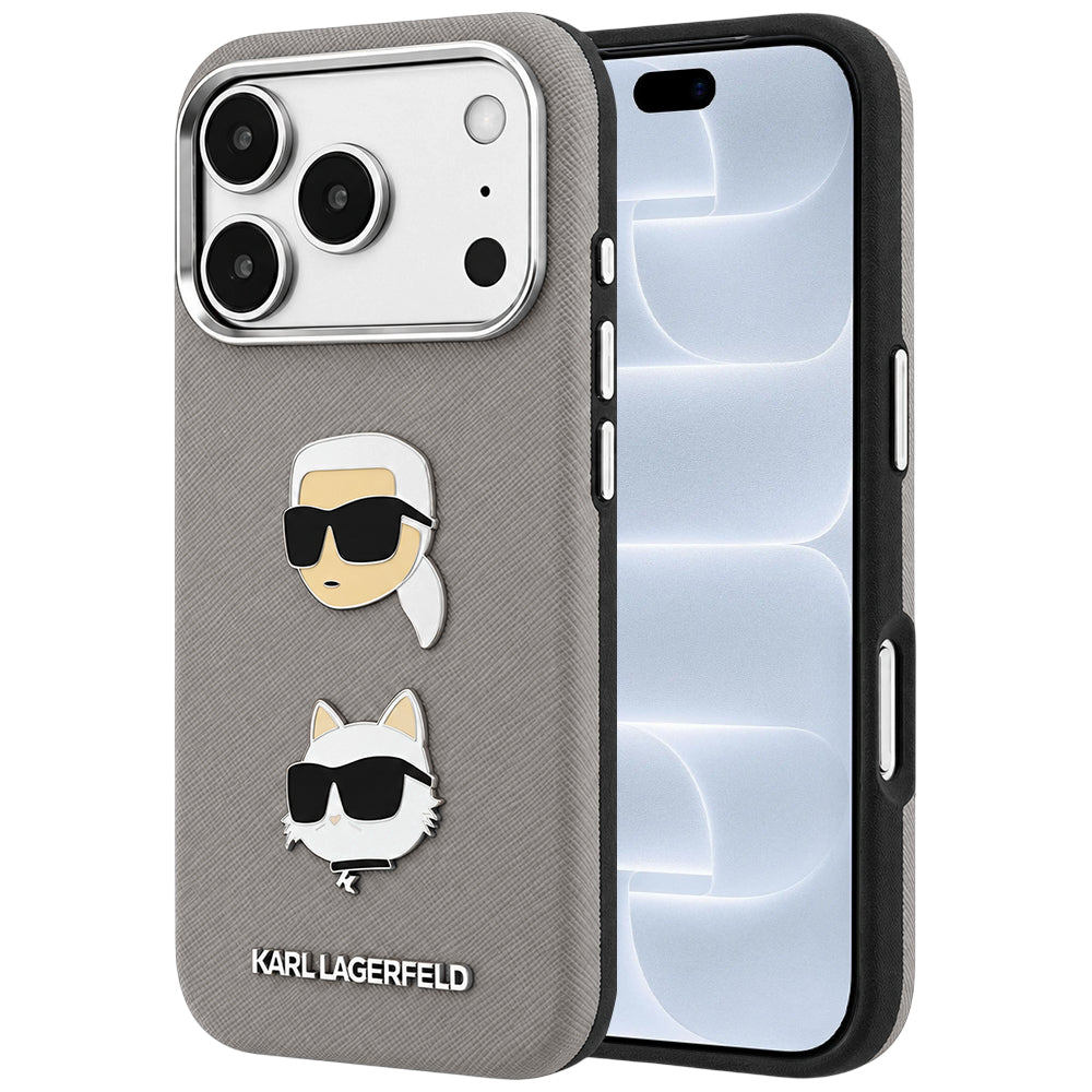 Suojakuori Apple iPhone 18 Pro / 17 Pro -puhelimelle, Karl Lagerfeld, Saffiano with Karl & Choupette Head's Pin and Logo, harmaa