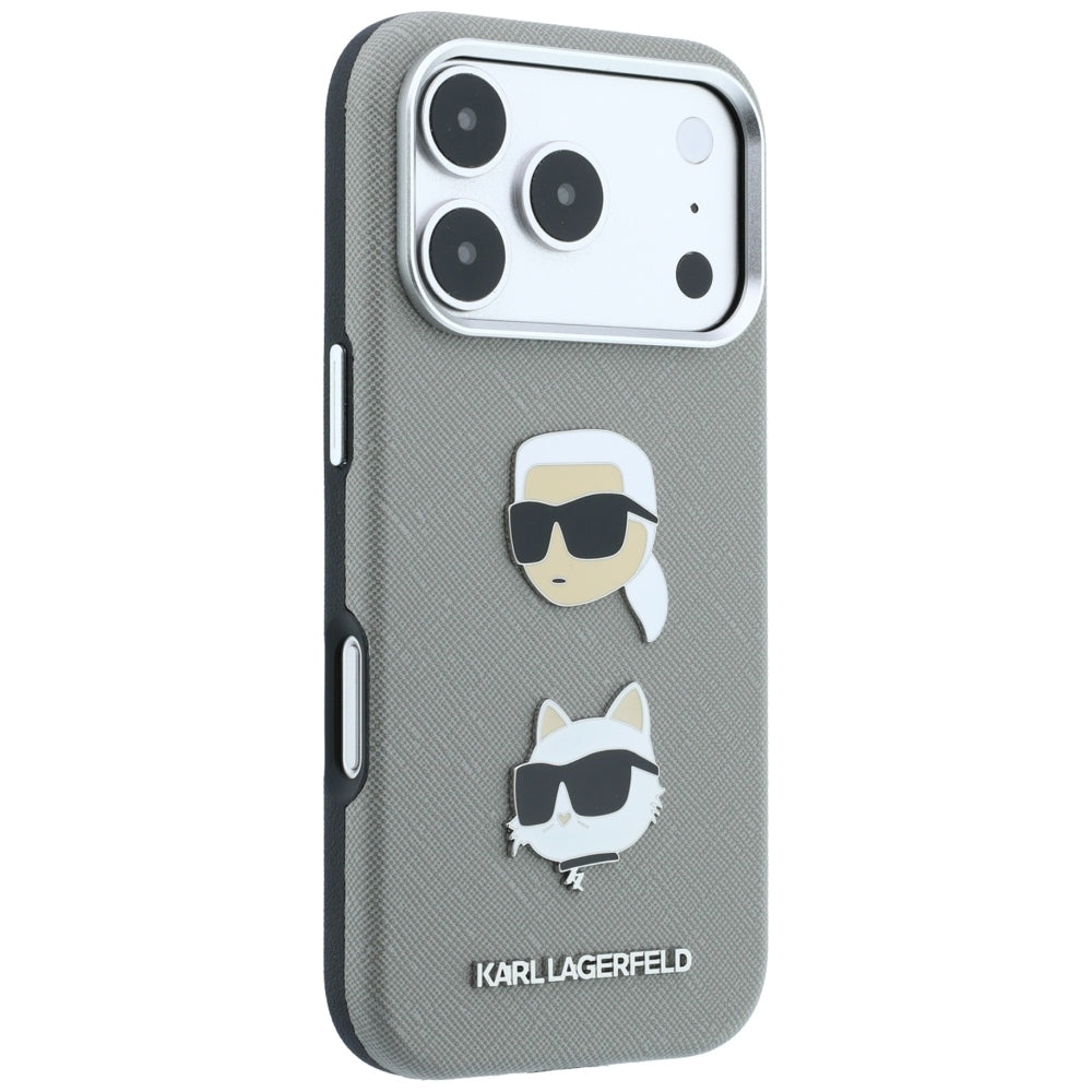 Suojakuori Apple iPhone 18 Pro / 17 Pro -puhelimelle, Karl Lagerfeld, Saffiano with Karl & Choupette Head's Pin and Logo, harmaa
