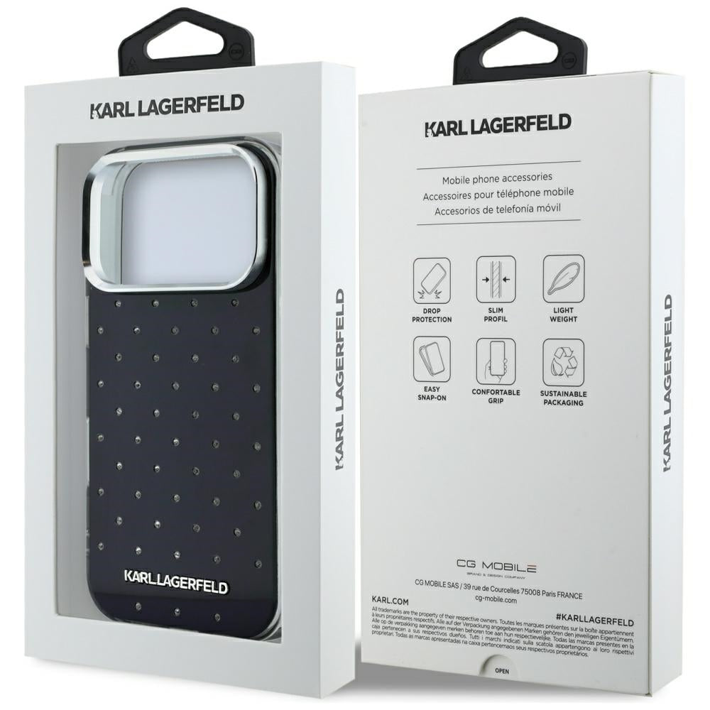 Kuori Apple iPhone 18 Pro Max / 17 Pro Max, Karl Lagerfeld, IML strassit ja sähköpinnoitettu logo, musta