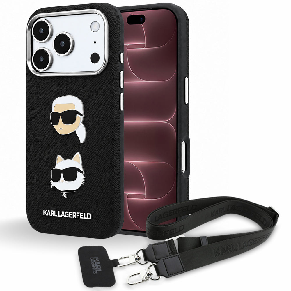 Suojakuori Apple iPhone 18 Pro Max / 17 Pro Max -puhelimelle, Karl Lagerfeld, Saffiano Crossbody Karl & Choupette Head's Pins -logo, musta