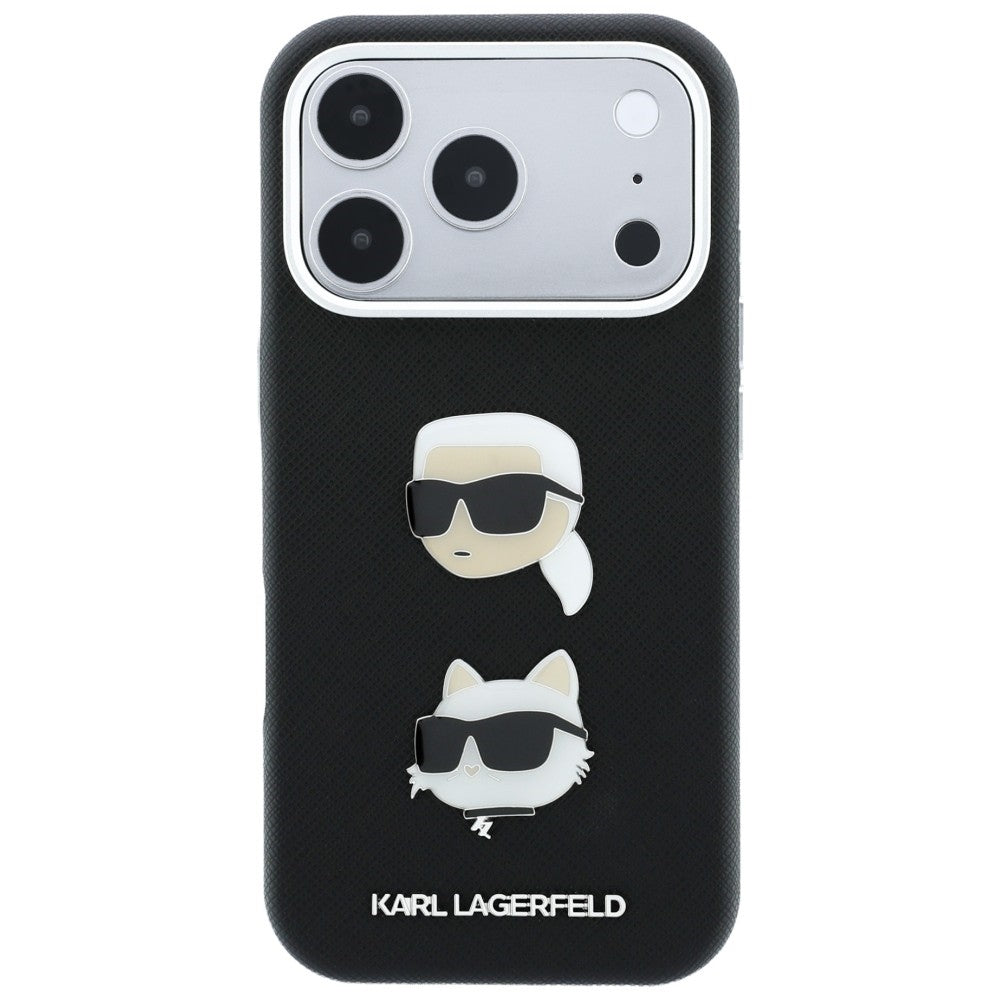 Suojakuori Apple iPhone 18 Pro Max / 17 Pro Max -puhelimelle, Karl Lagerfeld, Saffiano Crossbody Karl & Choupette Head's Pins -logo, musta