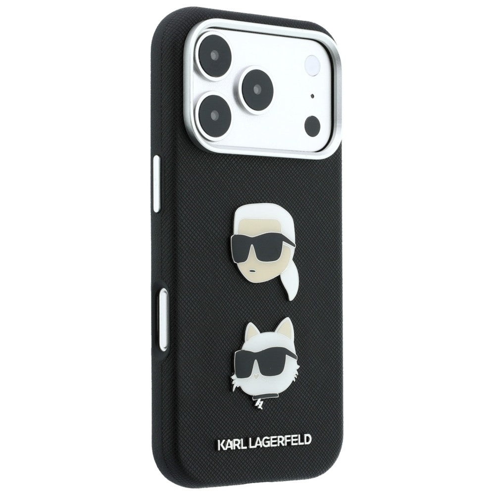 Suojakuori Apple iPhone 18 Pro Max / 17 Pro Max -puhelimelle, Karl Lagerfeld, Saffiano Crossbody Karl & Choupette Head's Pins -logo, musta