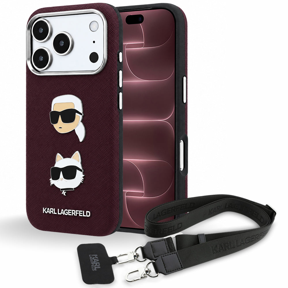 Suojakuori Apple iPhone 18 Pro Max / 17 Pro Max -puhelimelle, Karl Lagerfeld, Saffiano Crossbody Karl & Choupette Head's Pins -logo, viininpunainen
