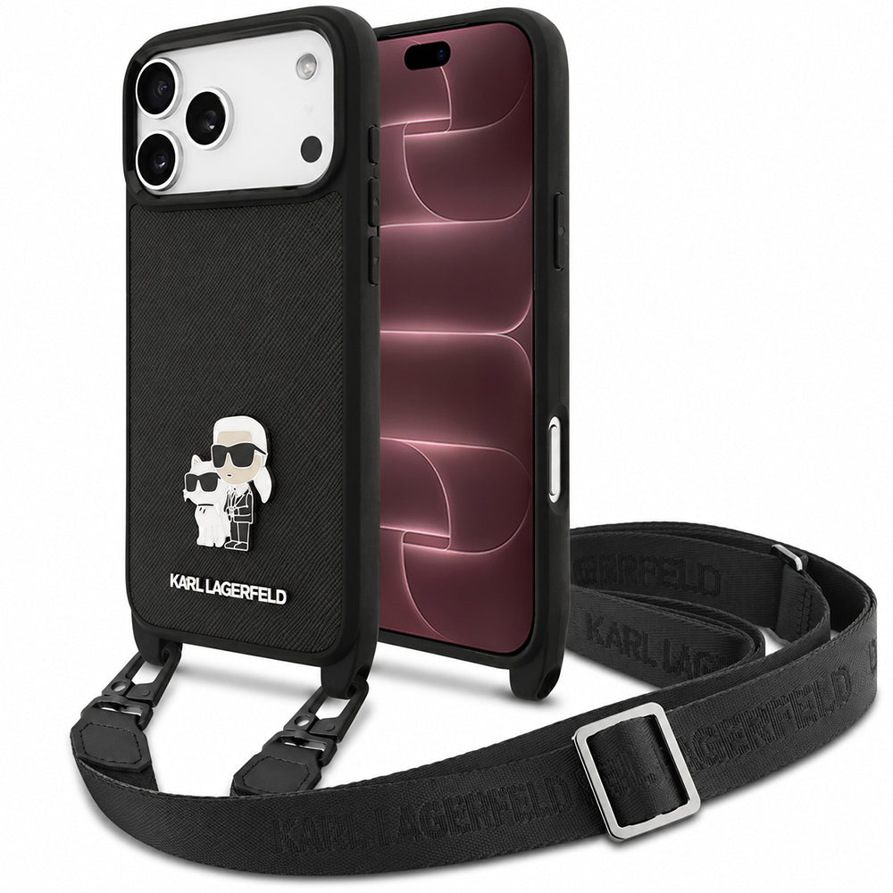 Suojakuori Apple iPhone 18 Pro Max / 17 Pro Max -puhelimelle, Karl Lagerfeld, Saffiano Crossbody Metal Pin Karl & Choupette, musta