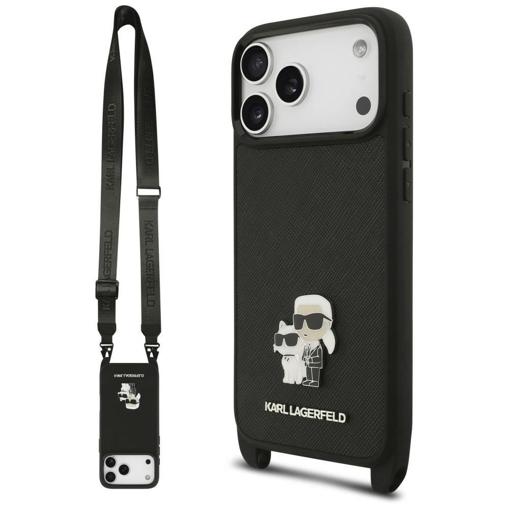 Suojakuori Apple iPhone 18 Pro Max / 17 Pro Max -puhelimelle, Karl Lagerfeld, Saffiano Crossbody Metal Pin Karl & Choupette, musta