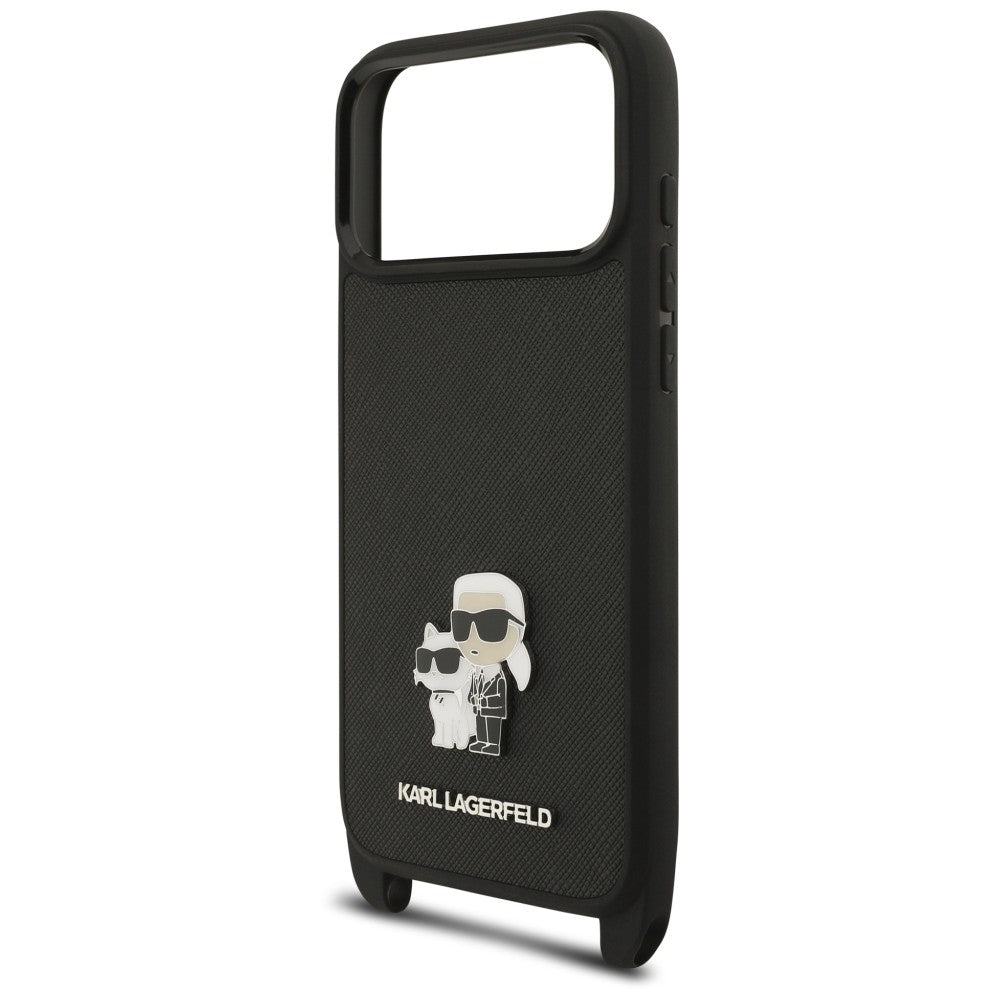 Suojakuori Apple iPhone 18 Pro Max / 17 Pro Max -puhelimelle, Karl Lagerfeld, Saffiano Crossbody Metal Pin Karl & Choupette, musta