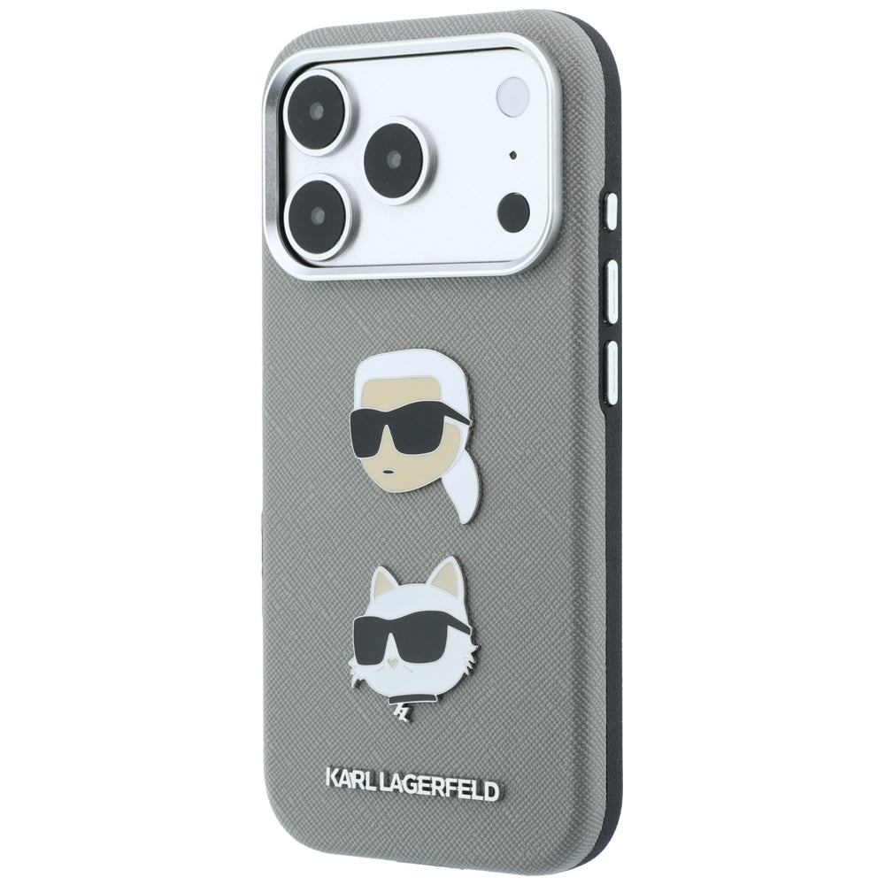 Suojakuori Apple iPhone 18 Pro Max / 17 Pro Max -puhelimelle, Karl Lagerfeld, Saffiano, Karl & Choupette -pääpinssi ja logo, harmaa