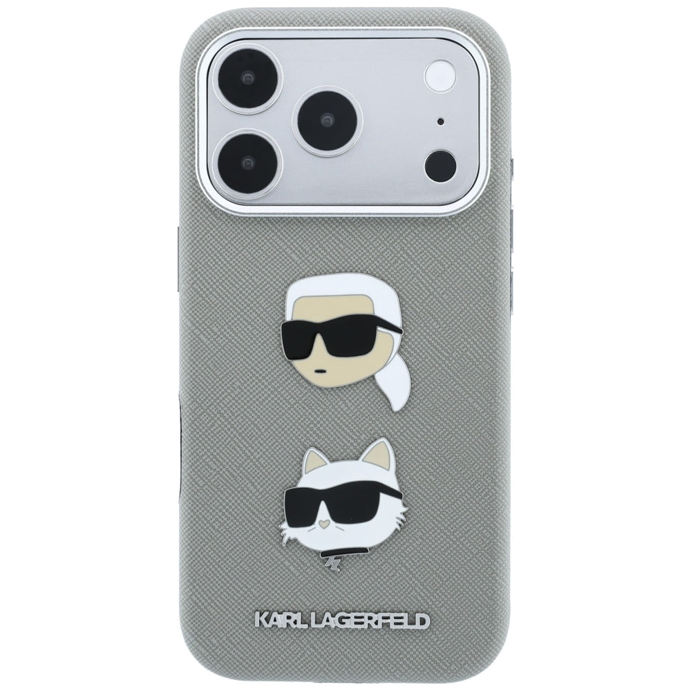 Suojakuori Apple iPhone 18 Pro Max / 17 Pro Max -puhelimelle, Karl Lagerfeld, Saffiano, Karl & Choupette -pääpinssi ja logo, harmaa