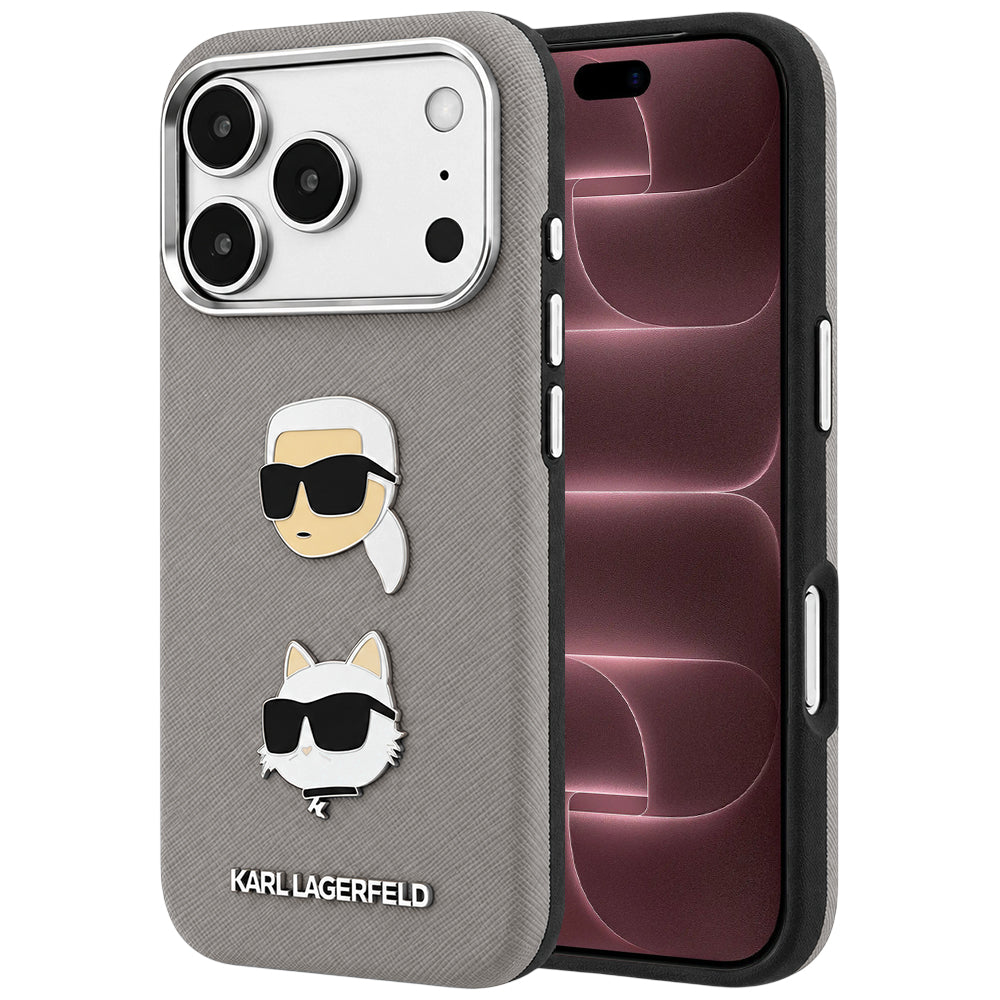 Suojakuori Apple iPhone 18 Pro Max / 17 Pro Max -puhelimelle, Karl Lagerfeld, Saffiano, Karl & Choupette -pääpinssi ja logo, harmaa