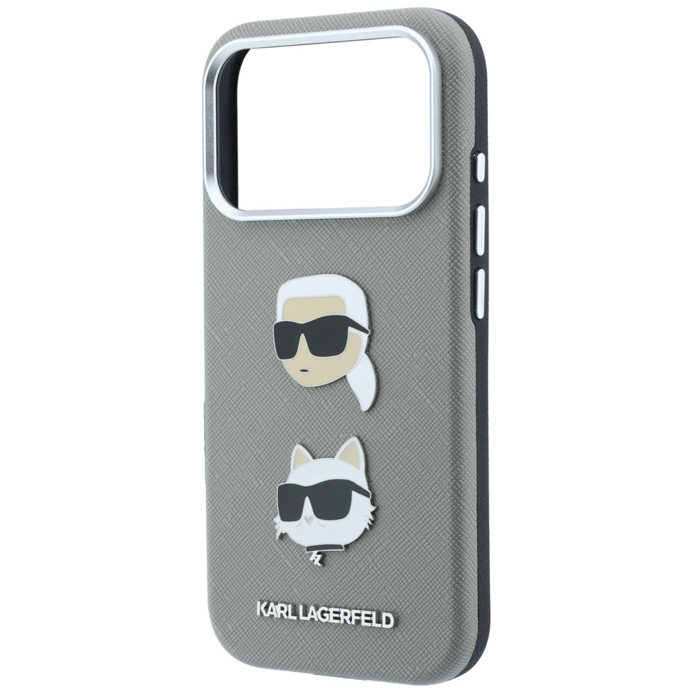 Suojakuori Apple iPhone 18 Pro Max / 17 Pro Max -puhelimelle, Karl Lagerfeld, Saffiano, Karl & Choupette -pääpinssi ja logo, harmaa