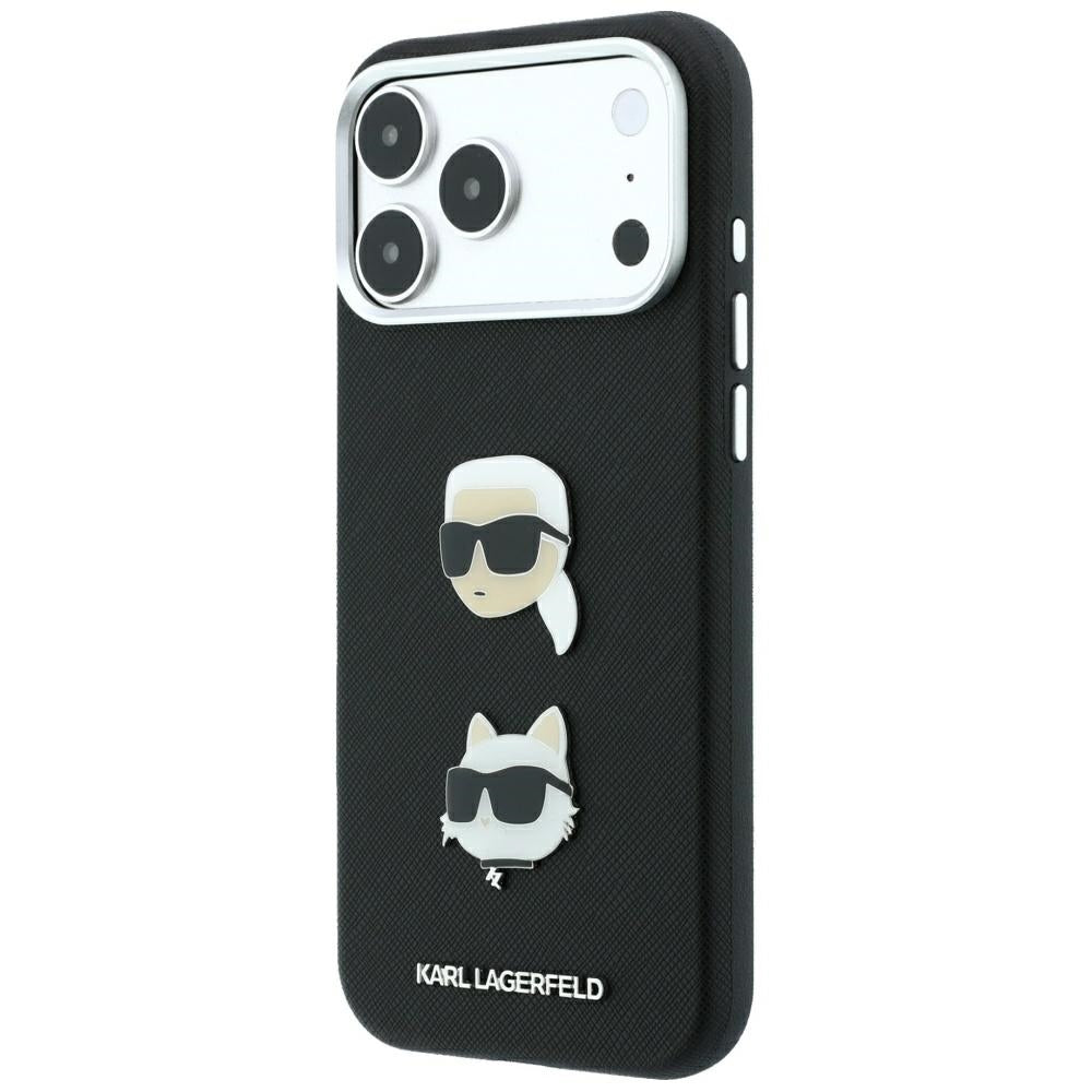 Kuori Apple iPhone 18 Pro Max / 17 Pro Max, Karl Lagerfeld, Saffiano Karl & Choupette -pinnillä ja logolla, Musta