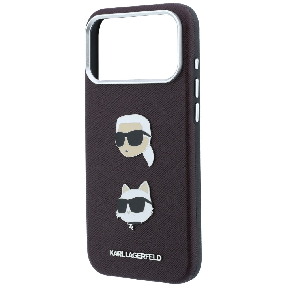 Kuori Apple iPhone 18 Pro Max / 17 Pro Max, Karl Lagerfeld, Saffiano Karl & Choupette -pääpinssillä ja logolla, viininpunainen