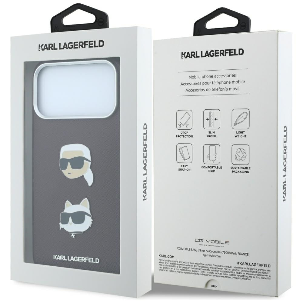Kuori Apple iPhone 18 Pro Max / 17 Pro Max, Karl Lagerfeld, Saffiano Karl & Choupette -pääpinssillä ja logolla, viininpunainen