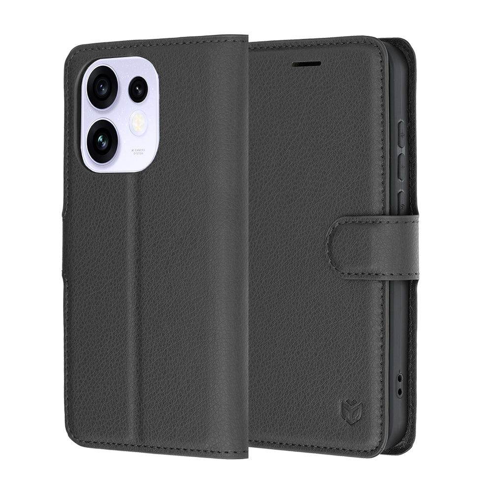 Kuori Oppo Reno16 / Reno16 Pro -puhelimelle, Techsuit, nahkainen folio, musta