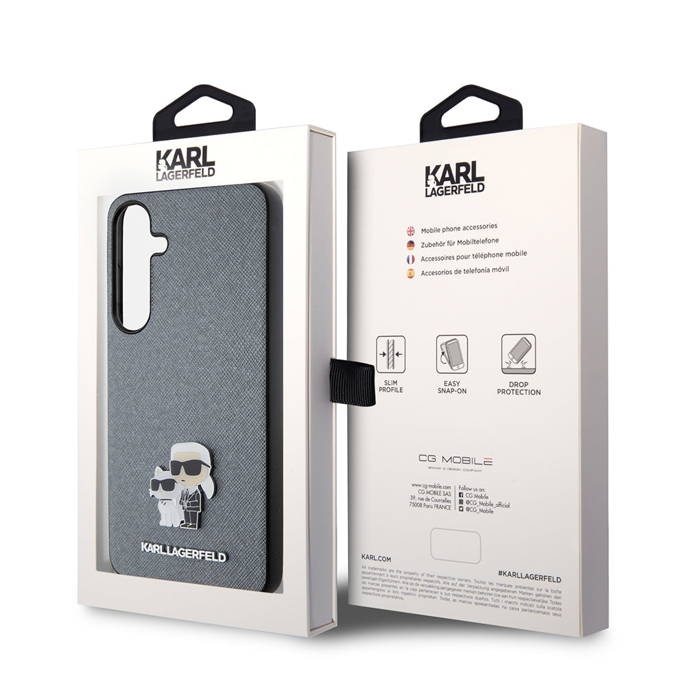 Suojakotelo Samsung Galaxy S24+ S926:lle, Karl Lagerfeld, Saffiano Karl & Choupette Metal, Harmaa