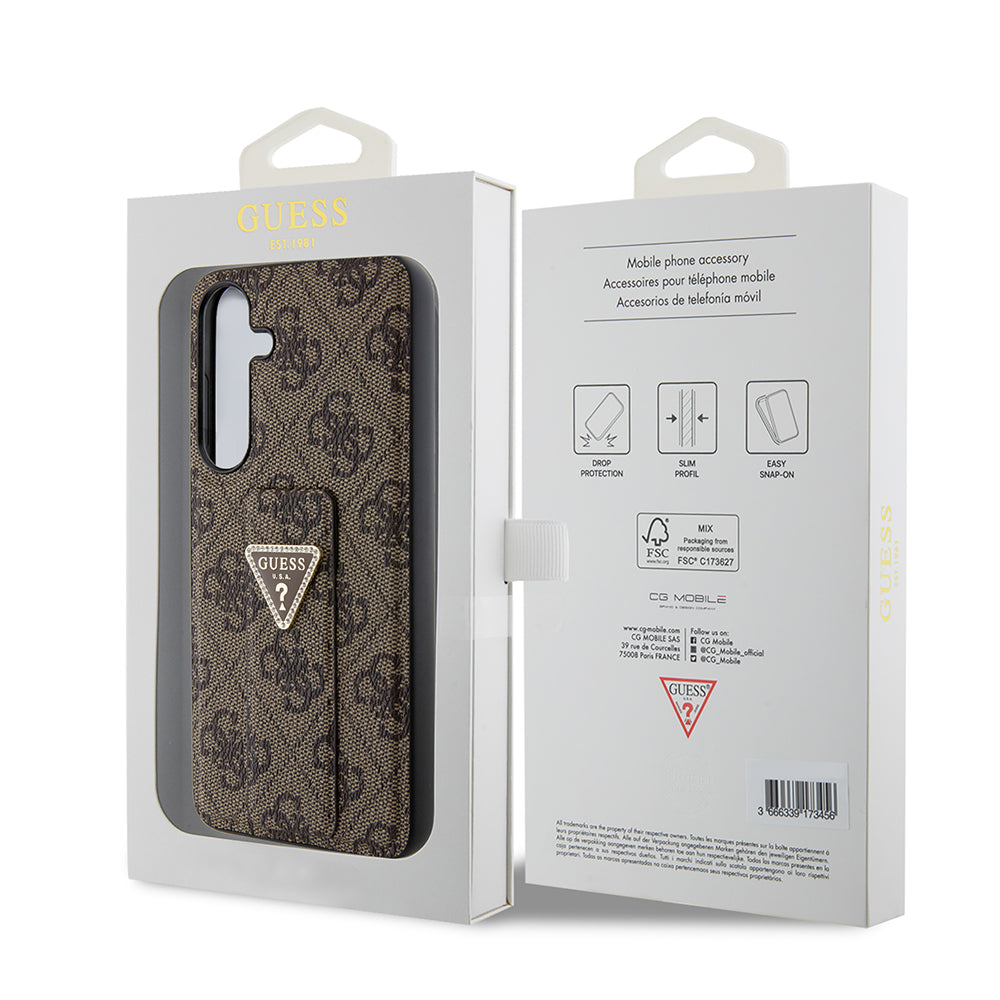 Suojakotelo Samsung Galaxy S24 S921:lle, Guess, Grip Stand 4G Triangle Strass, Ruskea