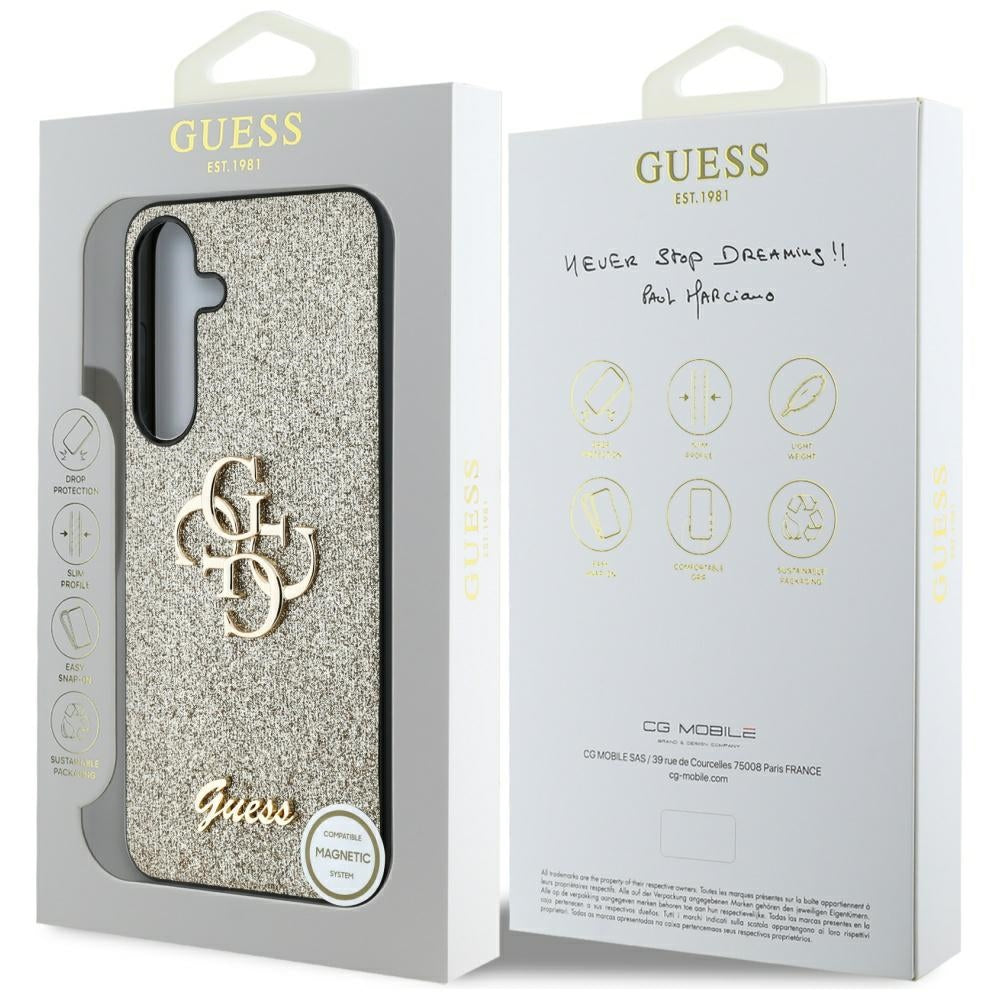Kotelo Samsung Galaxy S25+ S936:lle, Guess, Glitter Big 4G Script, Kultainen