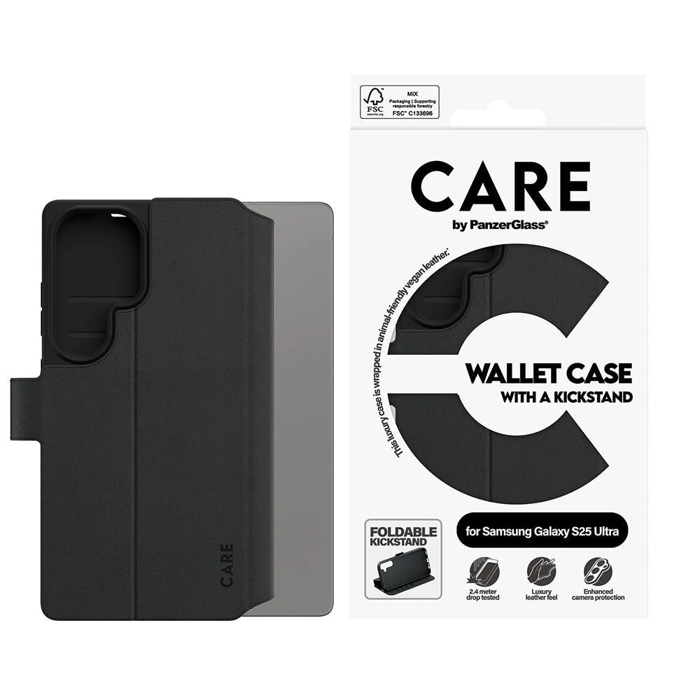 Suojakotelo Samsung Galaxy S25 Ultra S938:lle, PanzerGlass, Care Feature Kickstand Wallet, Musta