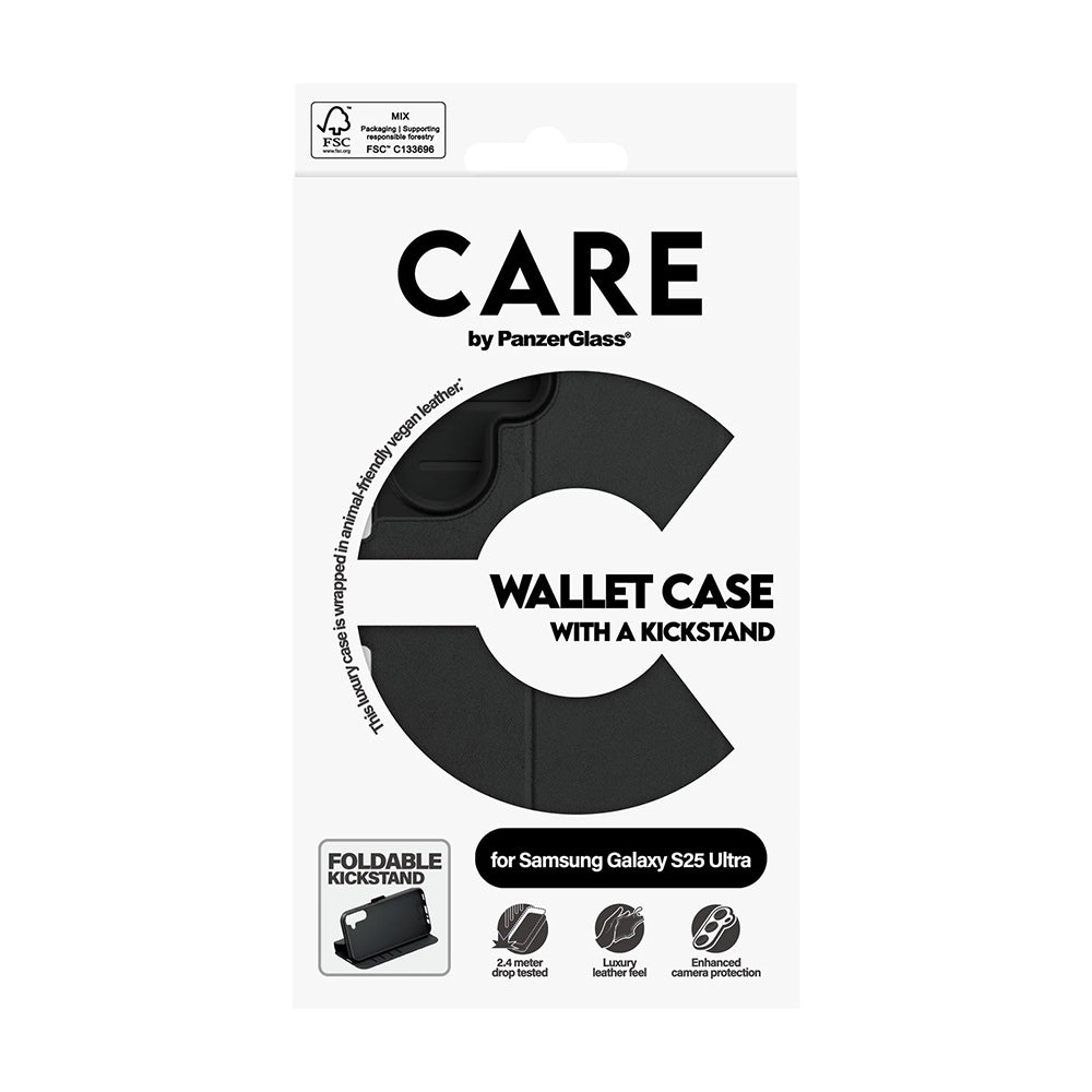 Suojakotelo Samsung Galaxy S25 Ultra S938:lle, PanzerGlass, Care Feature Kickstand Wallet, Musta