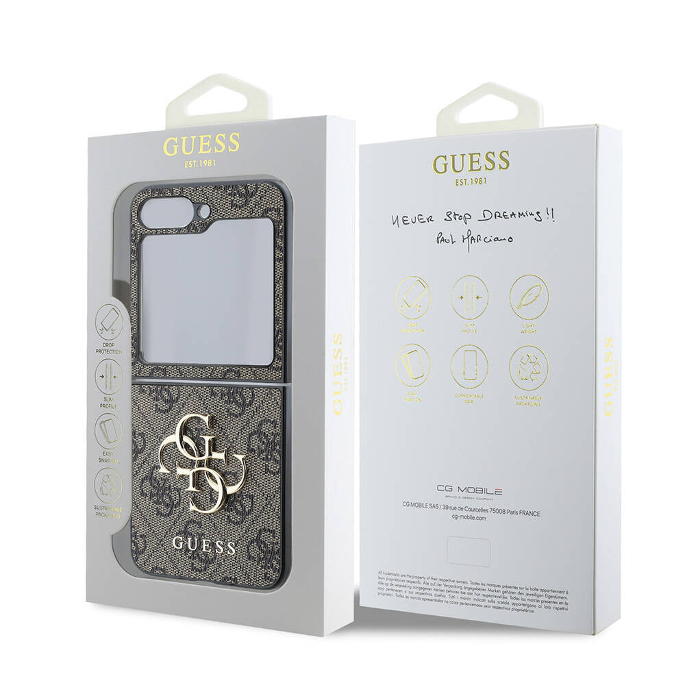 Suojakotelo Samsung Galaxy Z Flip7 F766:lle, Guess, 4G Metal Logo, Ruskea