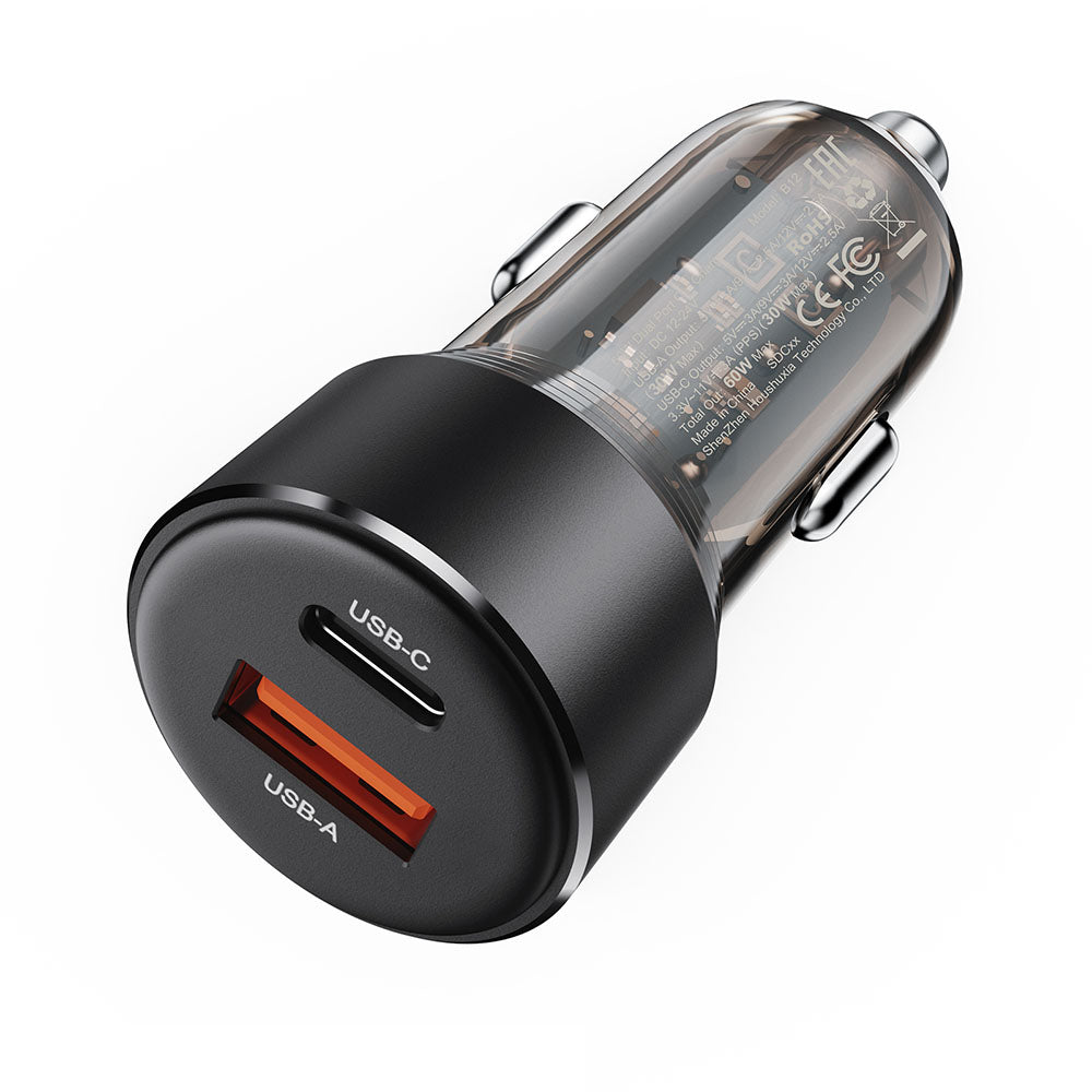 Autojen laturi Acefast B12, 60W, 3A, 1 x USB-A - 1 x USB-C, Musta