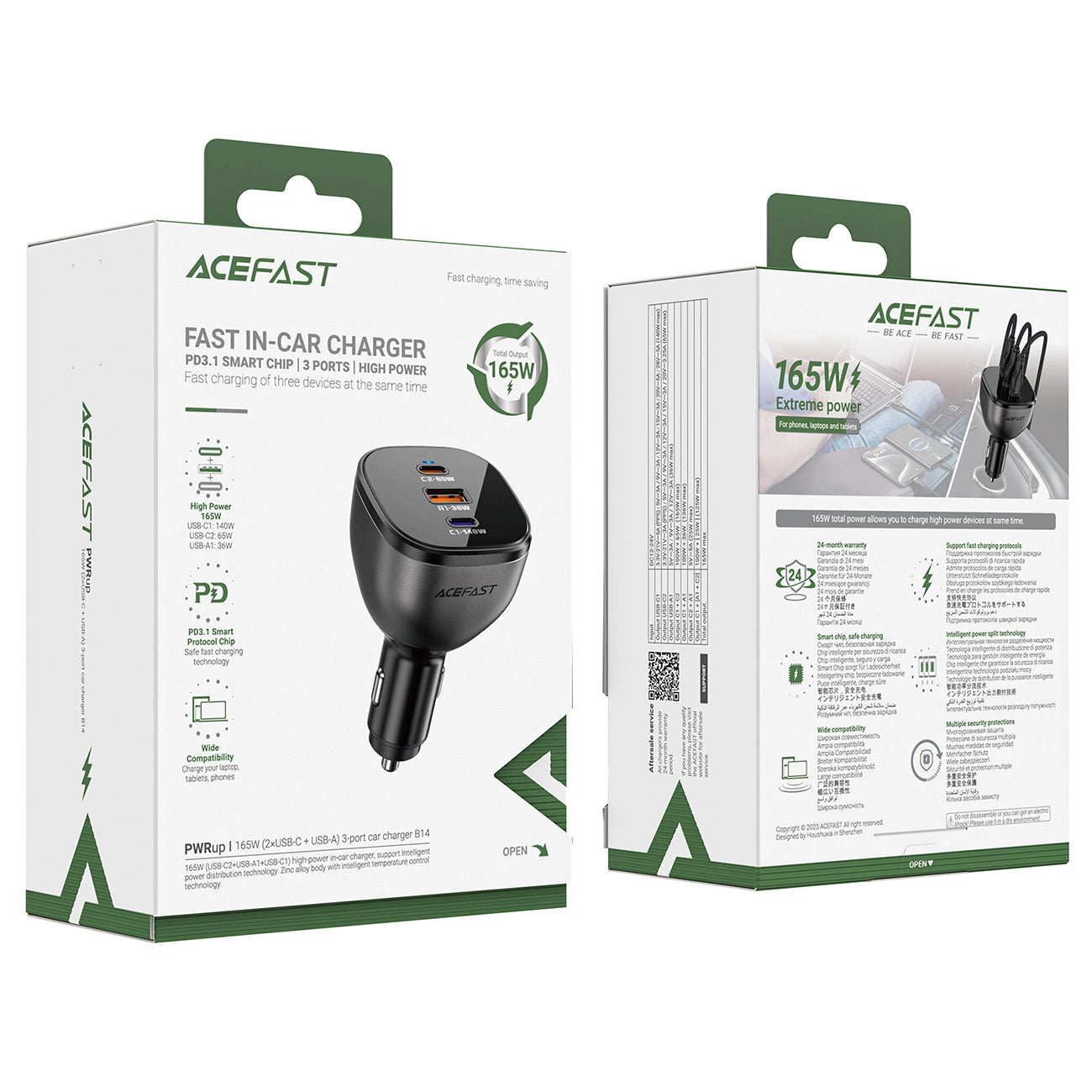 Autojen laturi Acefast B14, 165W, 5A, 1 x USB-A - 2 x USB-C, Musta