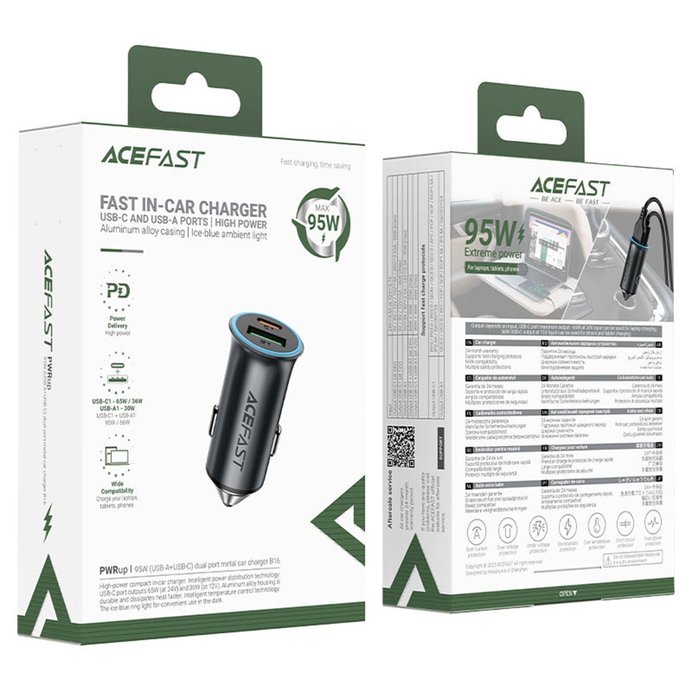 Autojen laturi Acefast B16, 95W, 3.25A, 1 x USB-A - 1 x USB-C, Harmaa