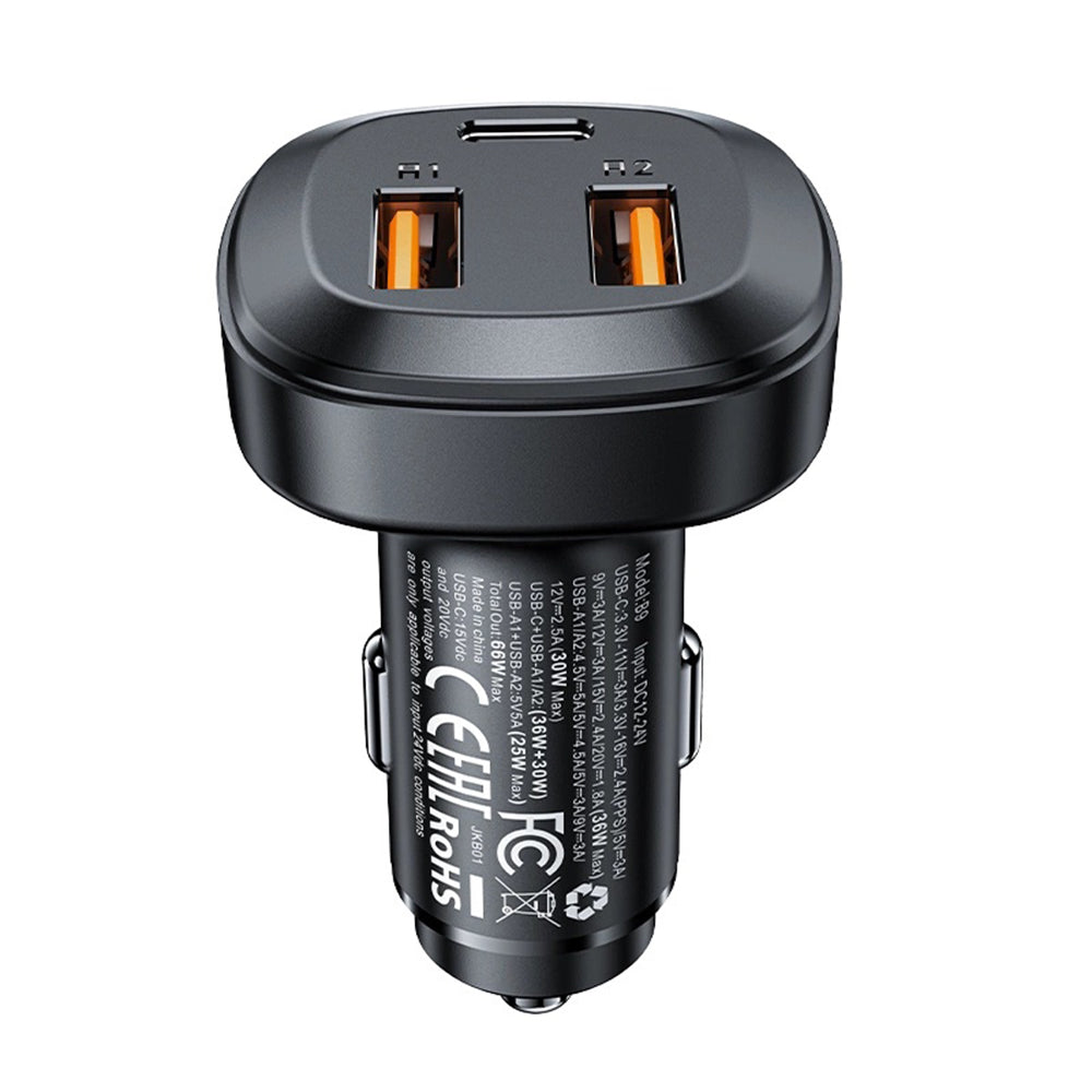Autojen laturi Acefast B9, 66W, 5A, 2 x USB-A - 1 x USB-C, Musta
