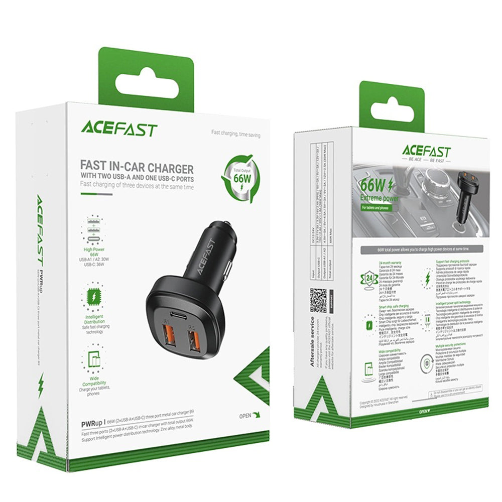 Autojen laturi Acefast B9, 66W, 5A, 2 x USB-A - 1 x USB-C, Musta
