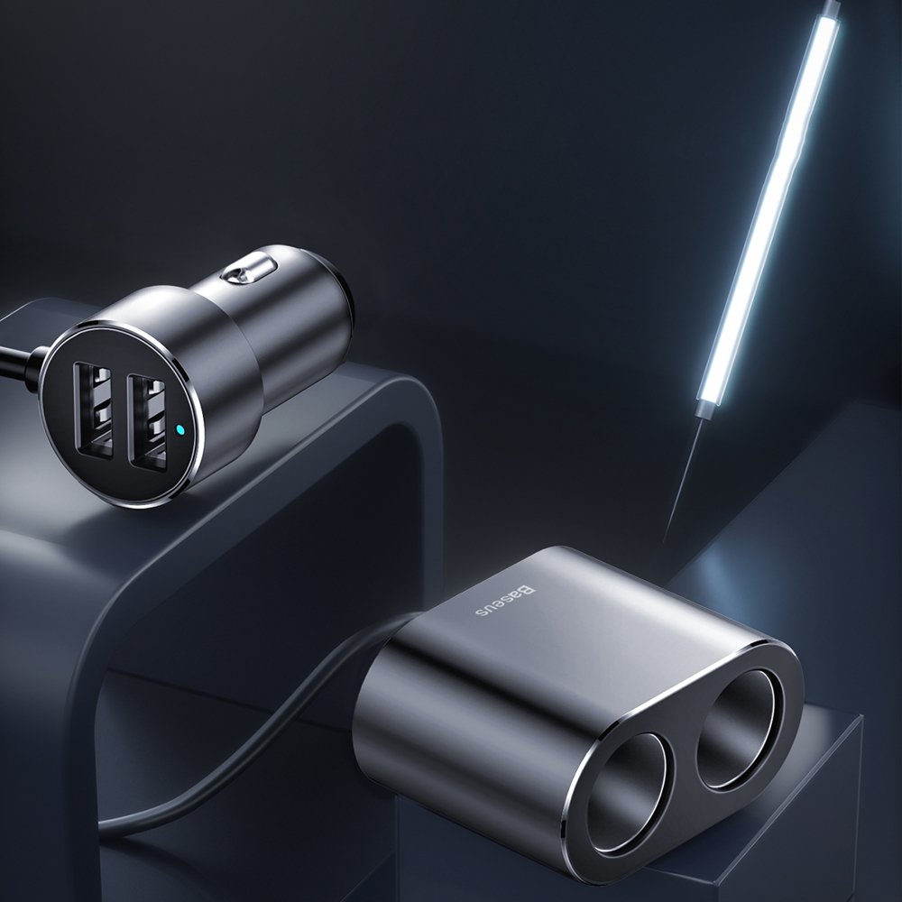 Baseus High Efficiency -autolaturi, 95W, 2.1A, 2 x tupakansytyttimen jatke - 2 x USB-A, harmaa CRDYQ-01 CRDYQ-01 CRDYQ-01