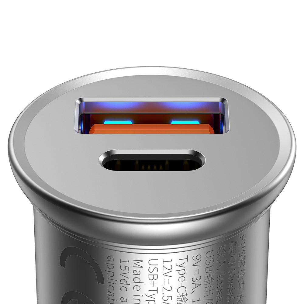 Baseus Circular Metal -autolaturi, 30W, 5A, 1 x USB-A - 1 x USB-C, Harmaa