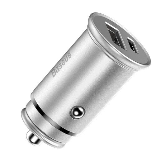 Baseus Circular Metal -autolaturi, 30W, 5A, 1 x USB-A - 1 x USB-C, Harmaa