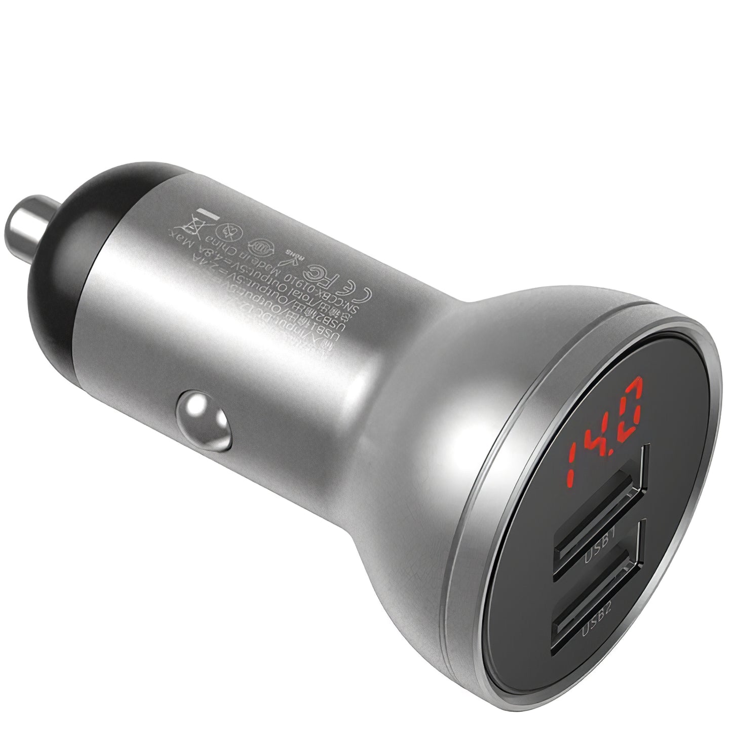 Baseus Digital Display Car Charger, 24W, 2.4A, 2 x USB-A, Silver CCBX-0S CCBX-0S