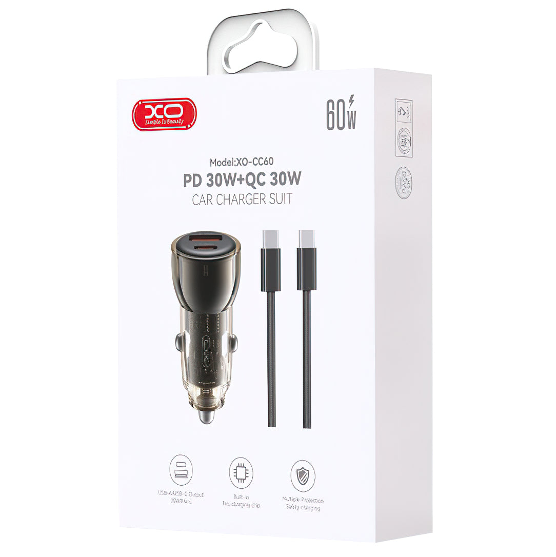 Autolaturi USB-C-kaapelilla XO Design CC60, 60W, 3A, 1 x USB-A - 1 x USB-C, Musta