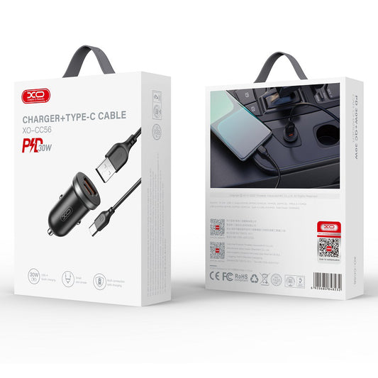 Autolaturi USB-C-kaapelilla XO Design CC56, 30W, 3A, 1 x USB-A - 1 x USB-C, Musta