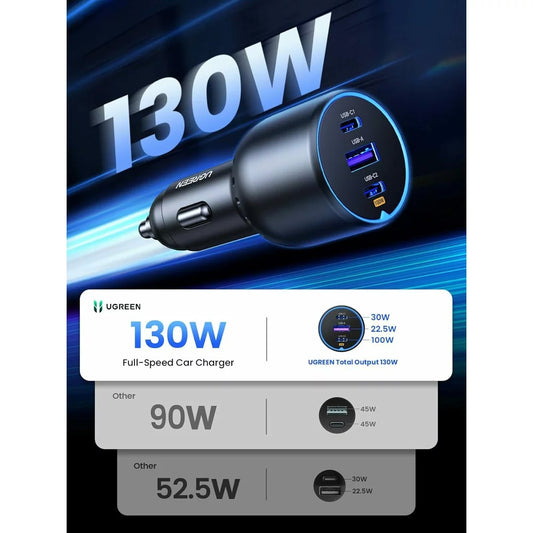 Autolaturi USB-C-kaapelilla UGREEN CD293, 130W, 5A, 1 x USB-A - 2 x USB-C, Musta