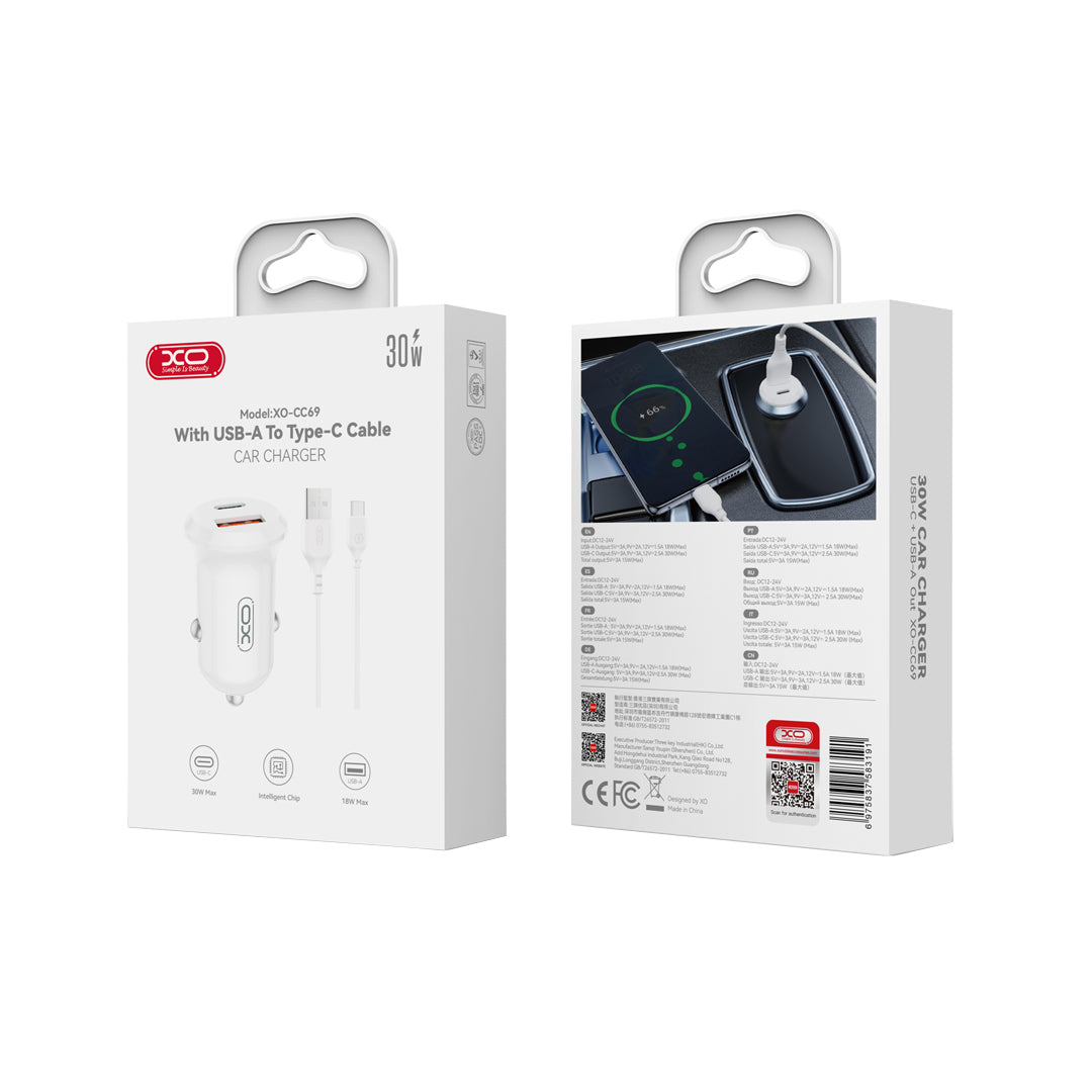 Car Charger with USB-C Cable XO Design CC69, 30W, 3A, 1 x USB-A - 1 x USB-C, White