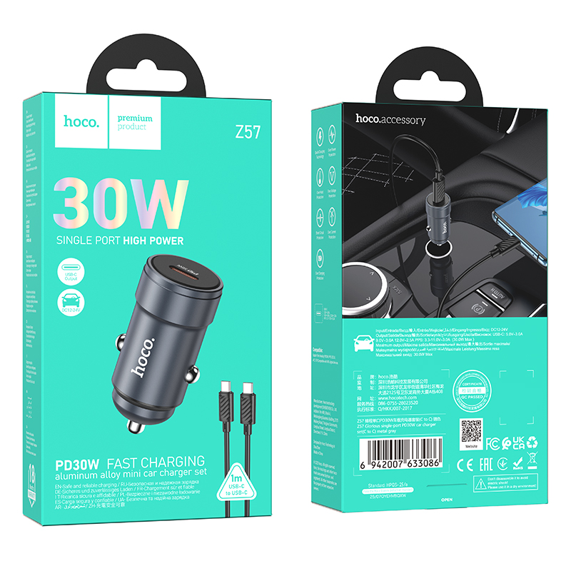 Autolaturi USB-C-kaapelilla HOCO Z57, 30W, 3A, 1 x USB-C, Harmaa