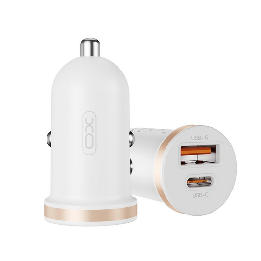 Autolaturi XO Design CC56 Lightning-kaapelilla, 30W, 3A, 1 x USB-A - 1 x USB-C, Valkoinen