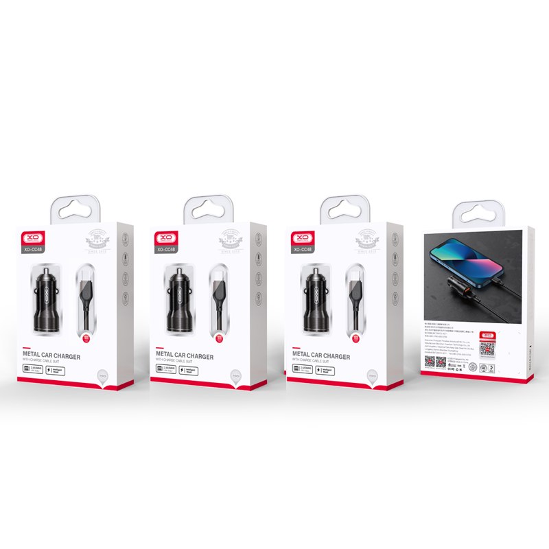 Autolaturi USB-C-kaapelilla XO Design CC48, 12W, 2.4A, 2 x USB-A, Harmaa