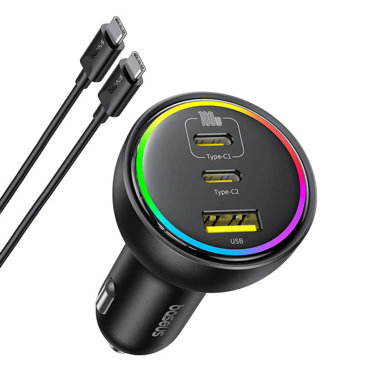 Autojen USB-C-kaapelilaturi Baseus, 152.5W, 5A, 1 x USB-A - 2 x USB-C, Musta C00036101111-00