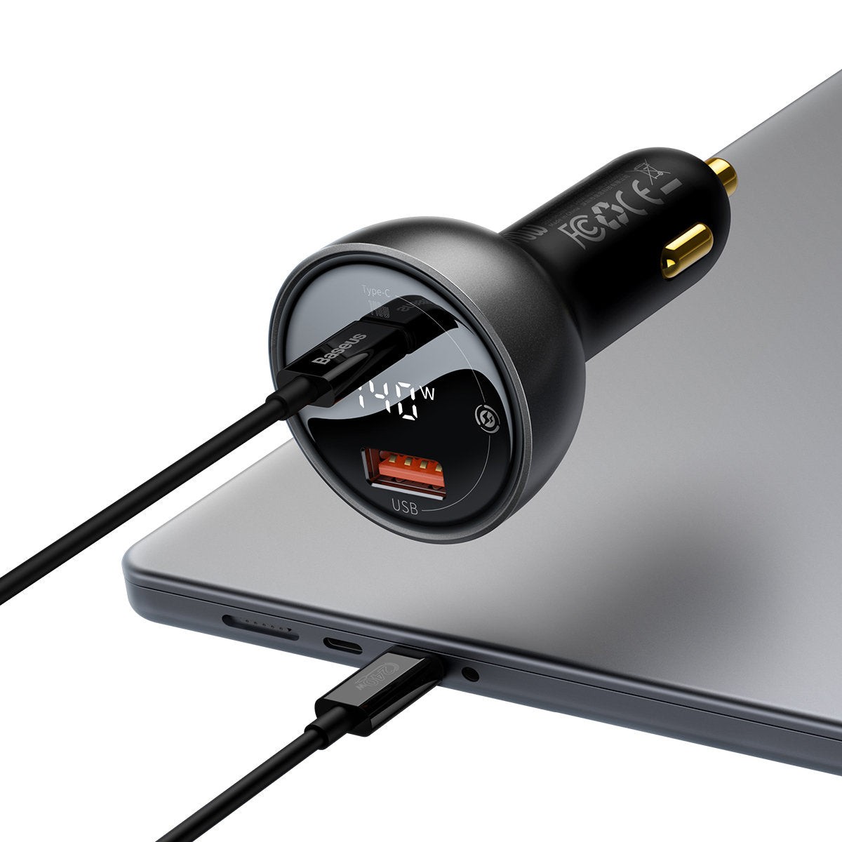 Baseus Autolaturi USB-C Kaapelilla, 140W, 5A, 1 x USB-A - 1 x USB-C, Musta, Uudelleenpakattu CGZX070001