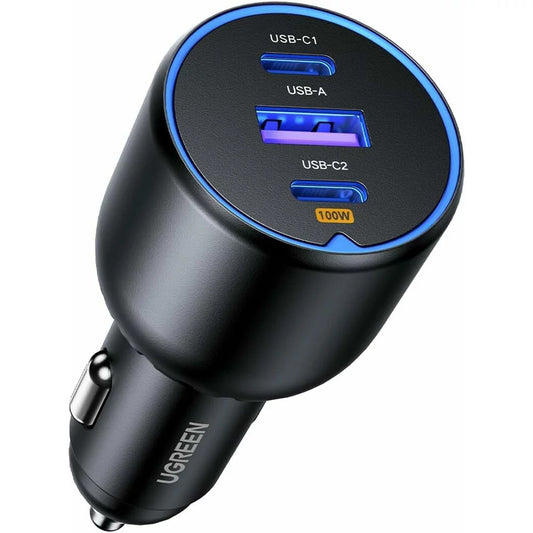 Autolaturi USB-C-kaapelilla UGREEN CD293, 130W, 5A, 1 x USB-A - 2 x USB-C, Musta