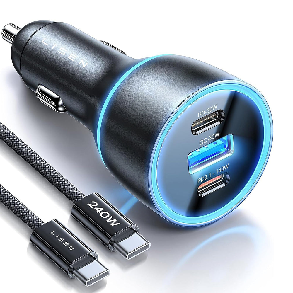 Lisen Autolaturi USB-C Kaapelilla, 170W, 5A, 1 x USB-A - 2 x USB-C, Musta YL0224010001