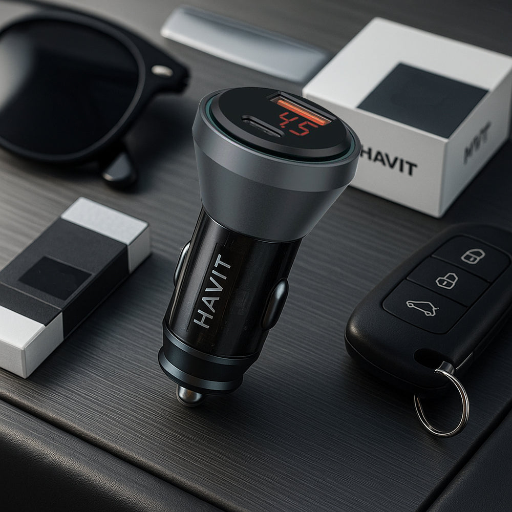 Autojen laturi HAVIT CC2017, 45W, 3A, 1 x USB-A - 1 x USB-C, Musta Sininen